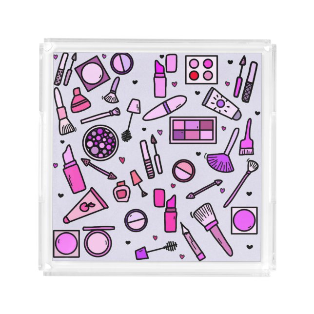 Makeup Cosmetics Illustrated Pink Pattern Acrylic Tray (Front)