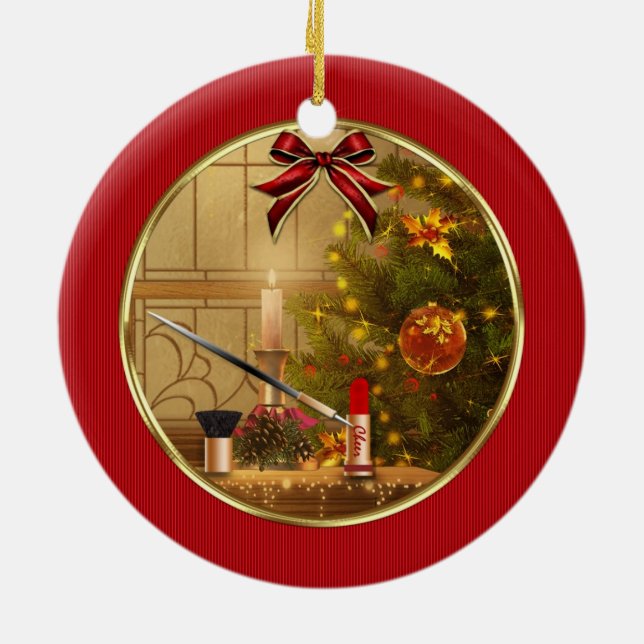 Makeup Cosmetics Red Christmas Holiday Ornament (Back)