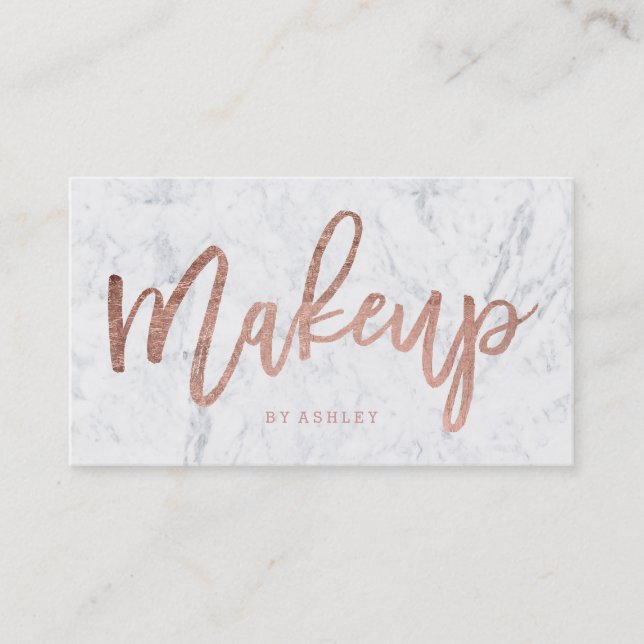 Makeup custom rose gold typography white marble business card (Front)