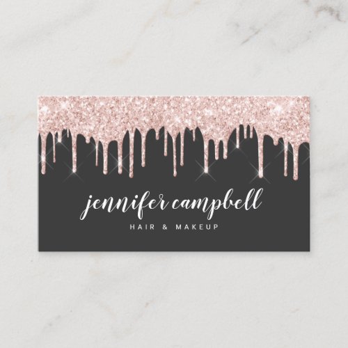 Makeup elegant glam rose gold glitter drips black business card