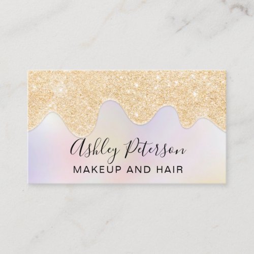 Makeup elegant holographic pearl chic gold drips business card