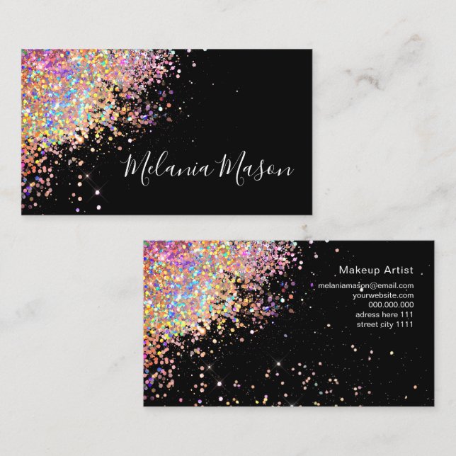 holographic glitter business cards Makeup Elegant Holographic Rose Gold Glitter Black Business Card