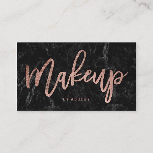 Makeup elegant rose gold typography black marble business card (Front)