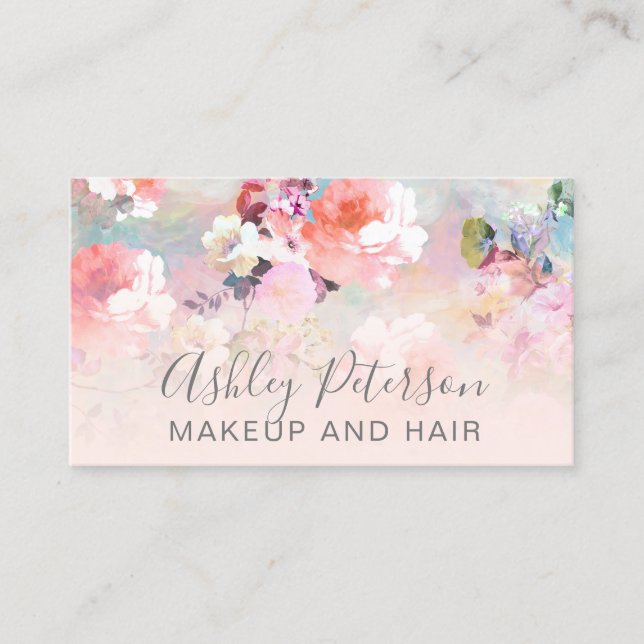 Makeup elegant typography blush pink floral paint business card (Front)