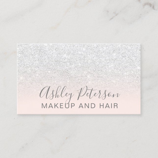 Makeup elegant typography blush pink white glitter business card (Front)