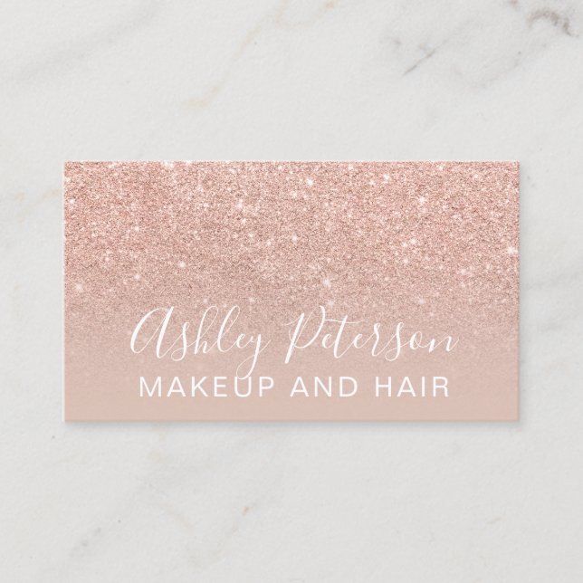 Makeup elegant typography blush rose gold glitter business card (Front)