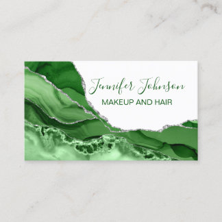 Makeup elegant typography green and silver agate business card