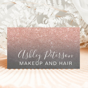 Makeup elegant typography grey rose gold glitter business card