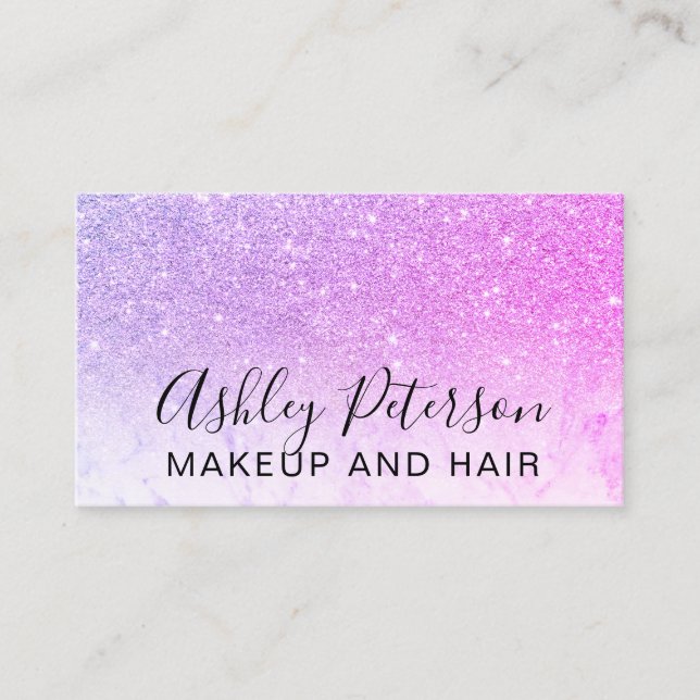 Makeup elegant typography marble pink glitter business card (Front)