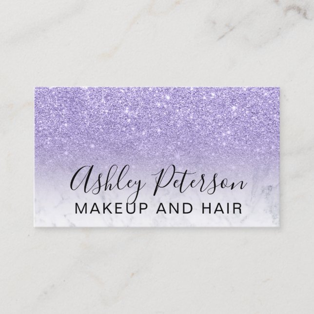 Makeup elegant typography marble purple glitter business card (Front)