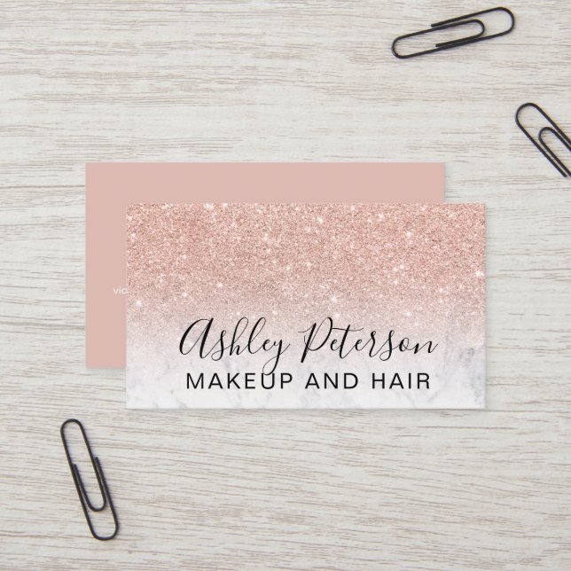 Makeup elegant typography marble rose gold glitter business card (Front/Back In Situ)
