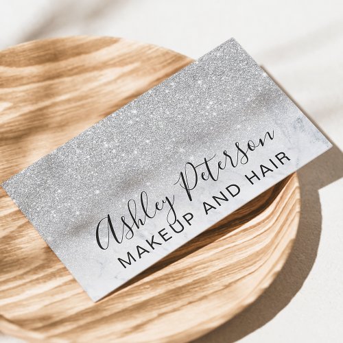 Makeup elegant typography marble silver glitter business card