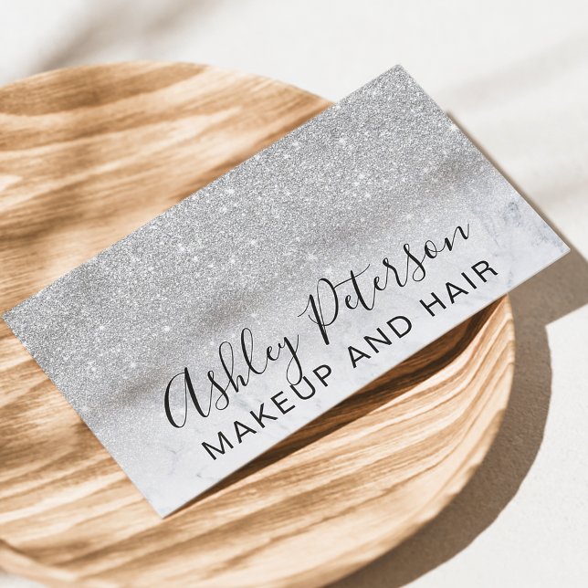 Makeup elegant typography marble silver glitter business card (Creator Uploaded)