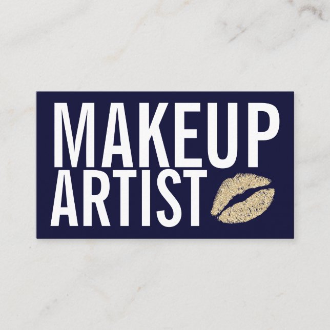 Makeup Elegant Typography Navy Blue Glitter Lips Business Card (Front)