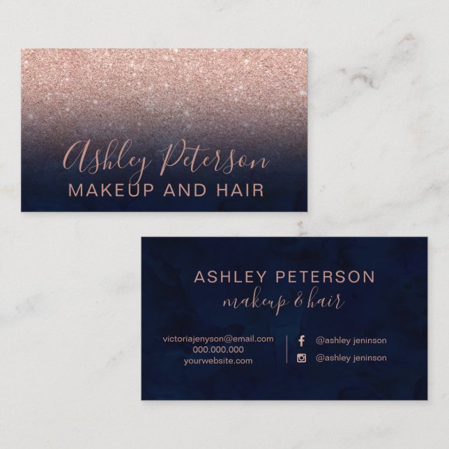 Makeup elegant typography navy rose gold glitter business card (Front/Back)