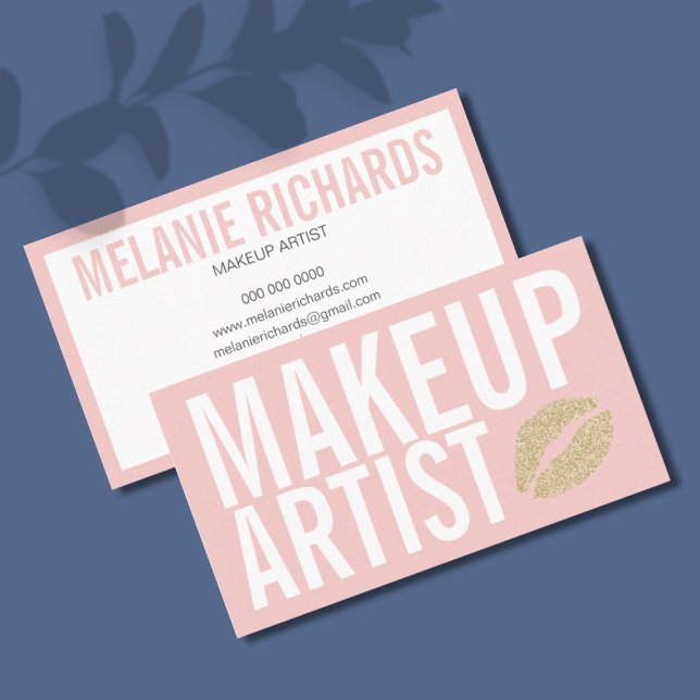 Makeup Elegant Typography Pink Gold Glitter Lips Business Card (Creator Uploaded)
