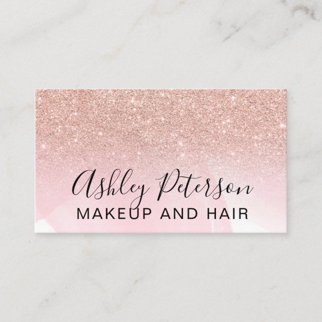 Makeup elegant typography pink rose gold glitter business card (Front)