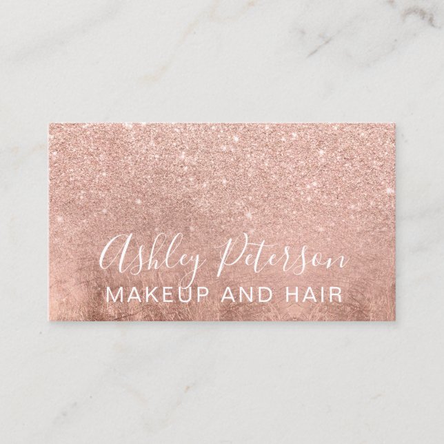 Makeup elegant typography rose gold glitter foil business card (Front)