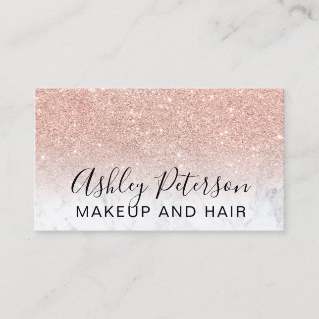 Makeup elegant typography rose gold glitter marble business card (Front)