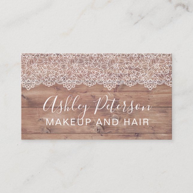 Makeup elegant typography white lace brown wood business card (Front)