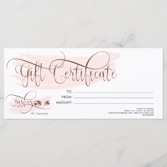 Makeup Eyebrow Eye Lash Rose Gold Gift Certificate Menu (Front)
