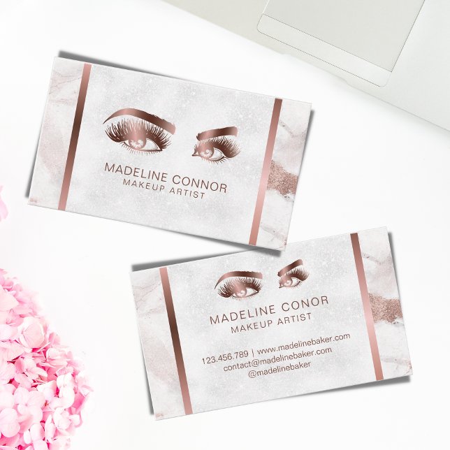 Makeup Eyebrow Eye Lashes Rose Gold Marble Texture Business Card (Creator Uploaded)