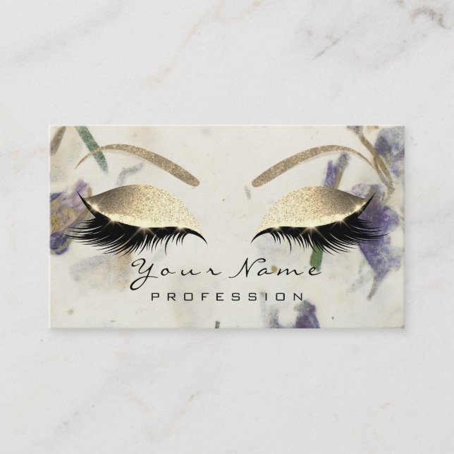 Makeup Eyebrow Eyes Lashes Glitter Gold Purple Business Card (Front)
