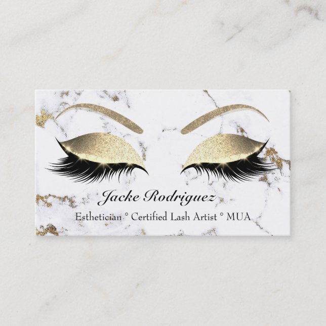 Makeup Eyebrow Eyes Lashes Glitter White Marble Business Card (Front)