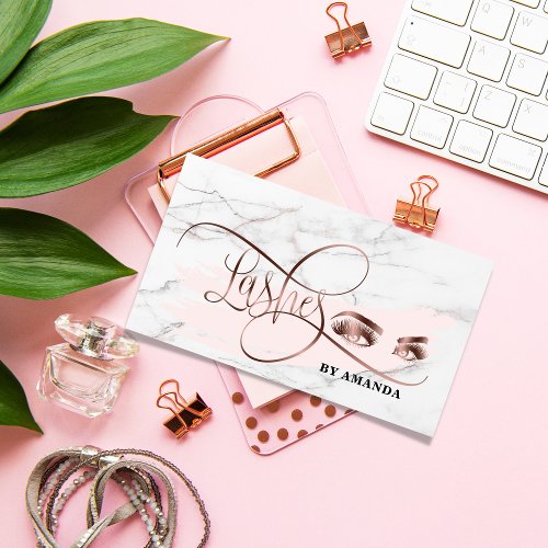 Makeup Eyebrow Eyes Lashes Rose Gold Marble Business Card