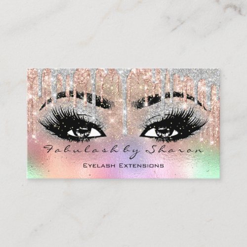 Makeup Eyebrow Lash Glitter Drip Gray Holographic Business Card