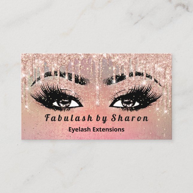 Makeup Eyebrow Lash Glitter Drip Rose Gold Business Card (Front)
