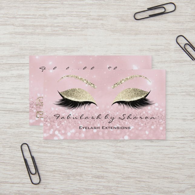 Makeup Eyebrow Lashes Extension Glitter Gold Pink Business Card (Front/Back In Situ)