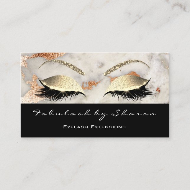 Makeup Eyebrow Lashes Glitter Coral Gold Marble Business Card (Front)