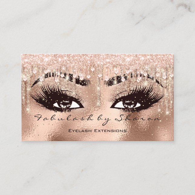 Makeup Eyebrow Lashes Glitter Drip Crystals Rose Business Card (Front)