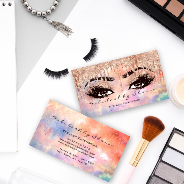 Makeup Eyebrow Lashes Glitter Drip Rose Holograph Business Card