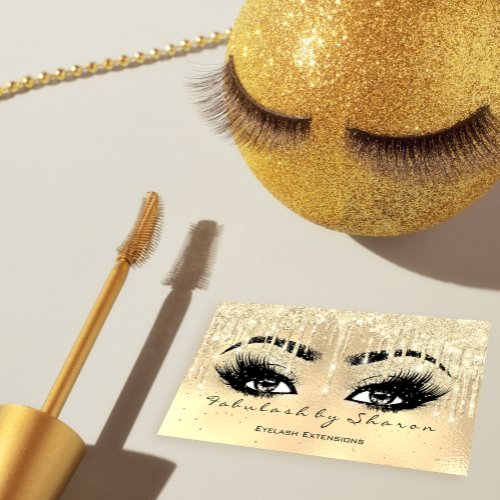 Makeup Eyebrow Lashes Glitter Drip Spark Faux Gold Business Card