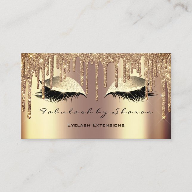 Makeup Eyebrow Lashes Glitter Drips Sepia Gold Business Card (Front)