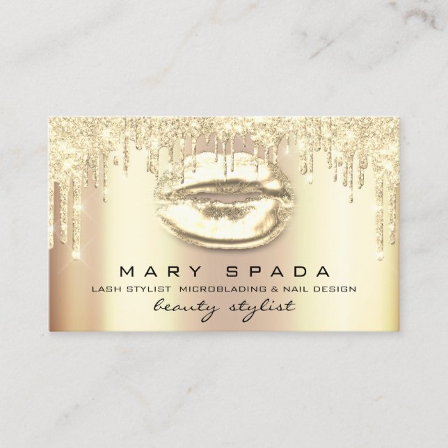 Makeup Eyebrows Lashes Gold Drips Kiss Lips Business Card (Front)