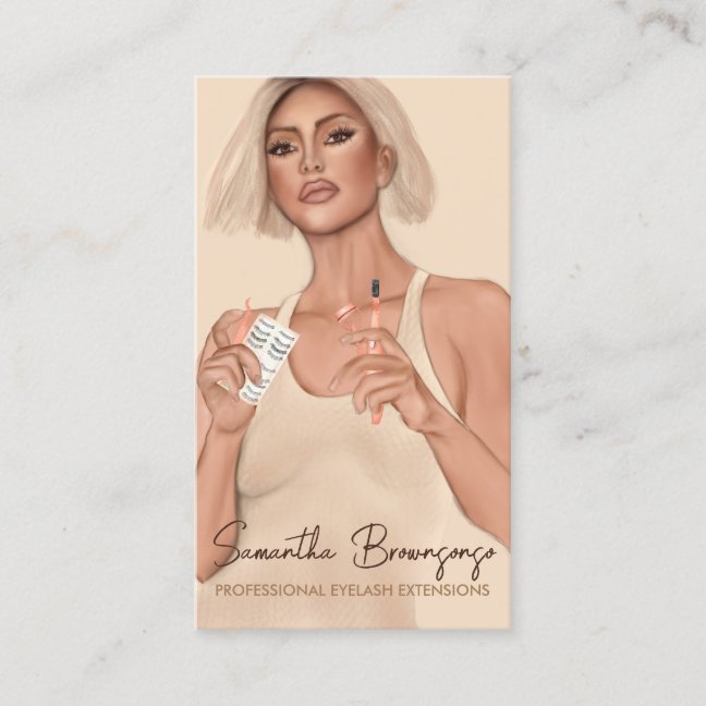 Makeup Eyelash Beige Brown Tweezer Curler Woman Business Card
