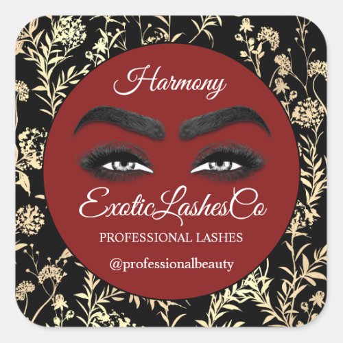 Makeup Eyelash  Cleaner Floral Gold Black Burgundy Square Sticker