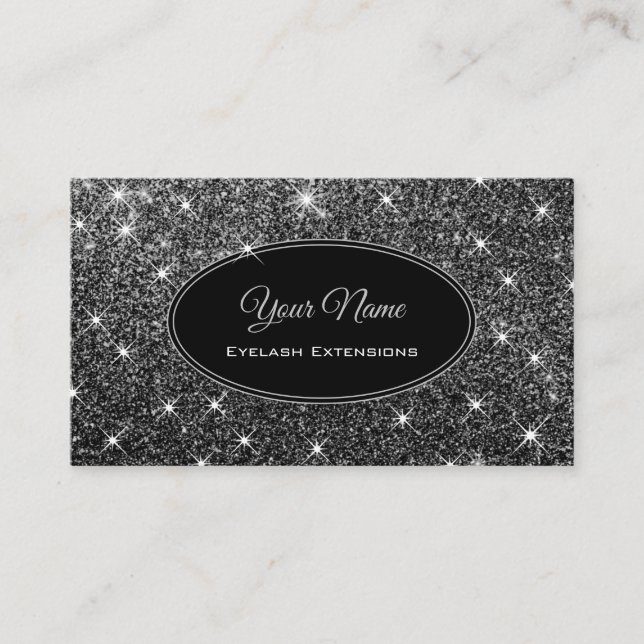Makeup Eyelash Luminous Silver Glitter Stars Dark Business Card (Front)
