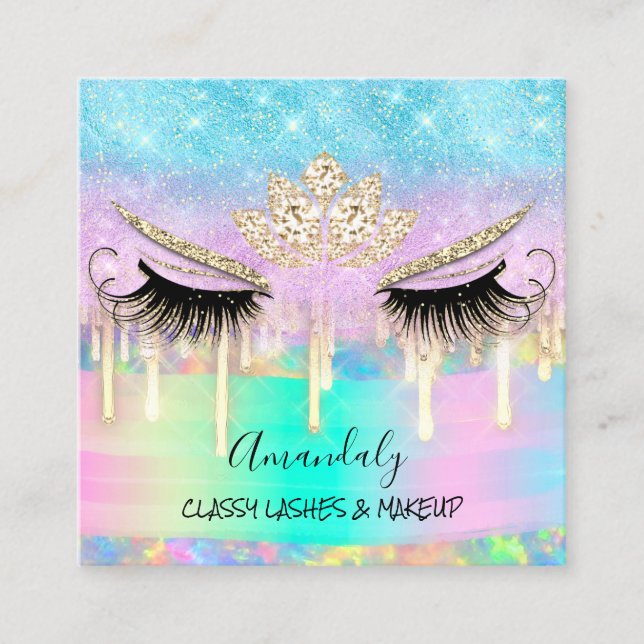 Makeup Eyelash Microblade Drips Logo Diamond Gold Square Business Card (Front)