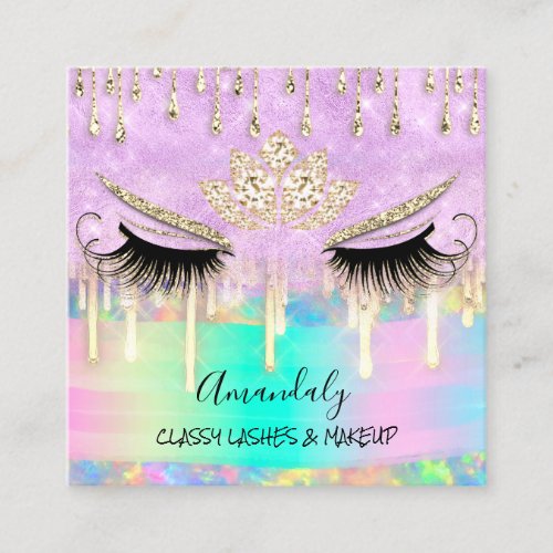 Makeup Eyelash Microblade Drips Logo Lotus Hologra Square Business Card