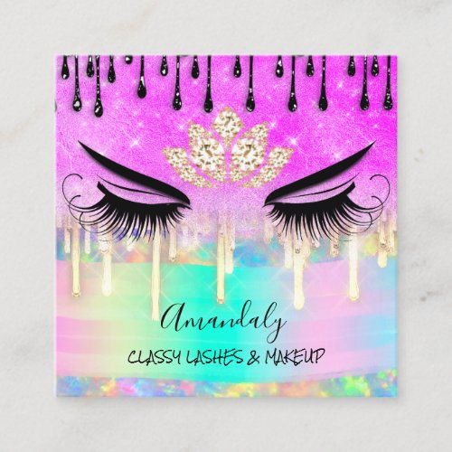 Makeup Eyelash Microblade Drips Logo Lotus Pink  Square Business Card