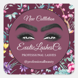 Makeup Eyelash Packaging Cleaner Floral Burgundy Square Sticker
