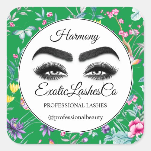 Makeup Eyelash Packaging Cleaner Floral Green Square Sticker