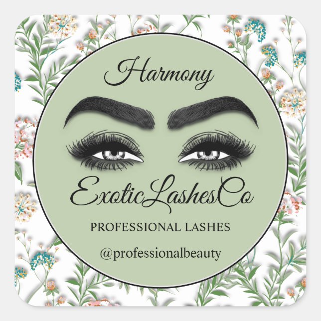 Makeup Eyelash Packaging Cleaner Floral Mint Green Square Sticker (Front)