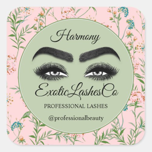 Makeup Eyelash Packaging Cleaner Floral Mint Rose Square Sticker