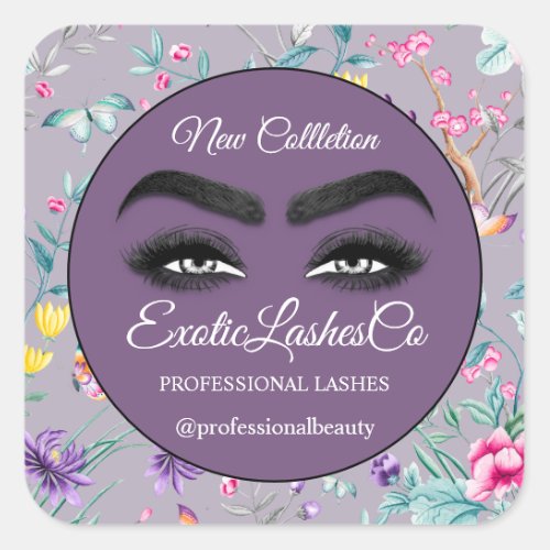 Makeup Eyelash Packaging Cleaner Floral Purple  Square Sticker