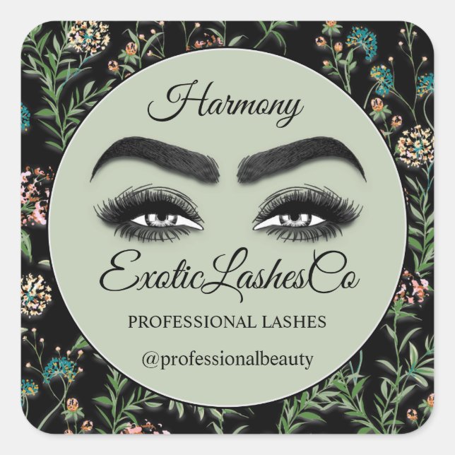 Makeup Eyelash Packaging Cleaner Florals Black Square Sticker (Front)